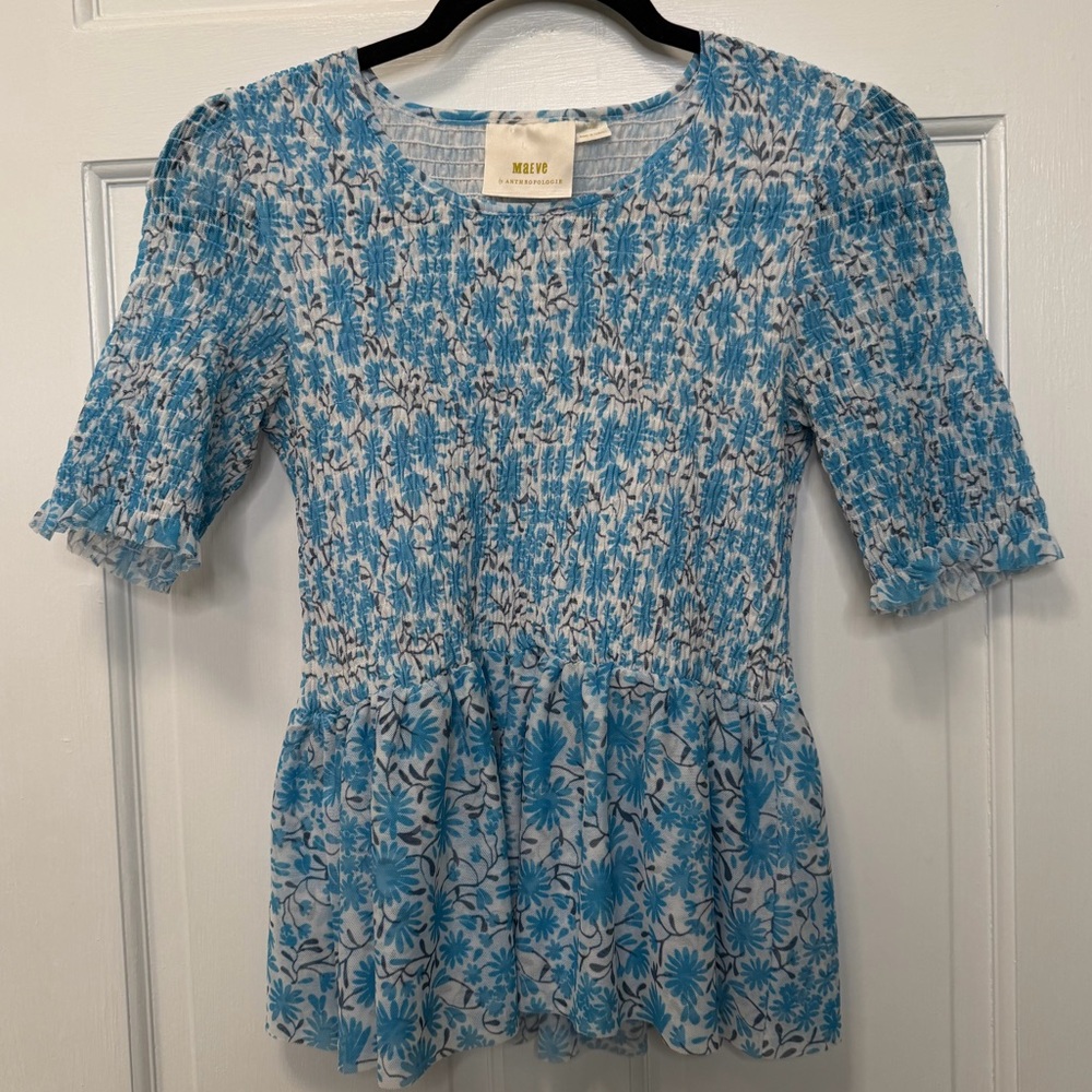 Maeve by Anthropologie Blue Floral Smocked Babydoll Short‎ Sleeve Top Size XS